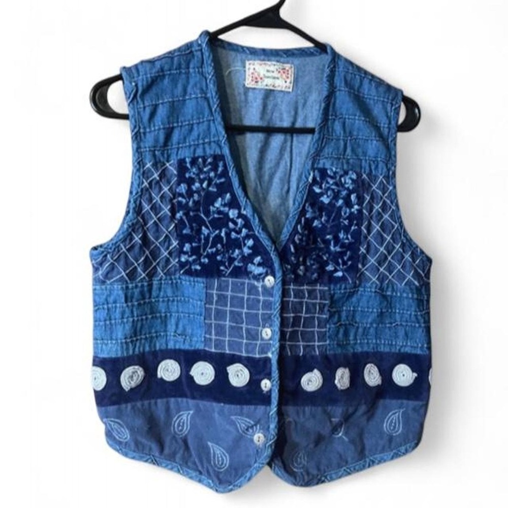 Vintage New Directions Patchwork Denim Vest Quilted Embroidered Boho Medium
